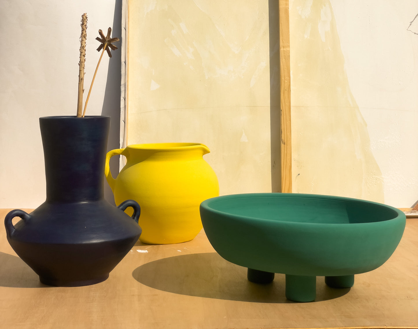 the contemporary Yellow, Green and blue vases