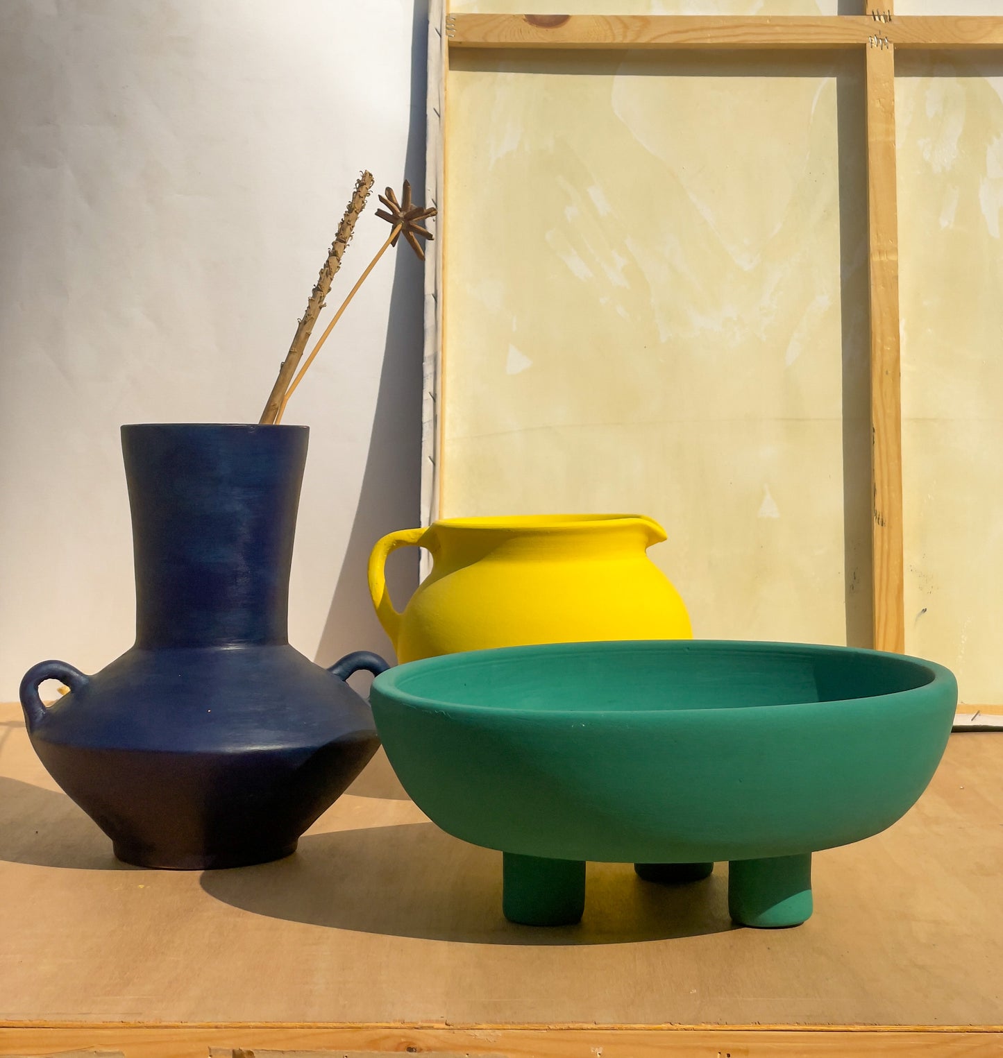 the contemporary Yellow, Green and blue vases